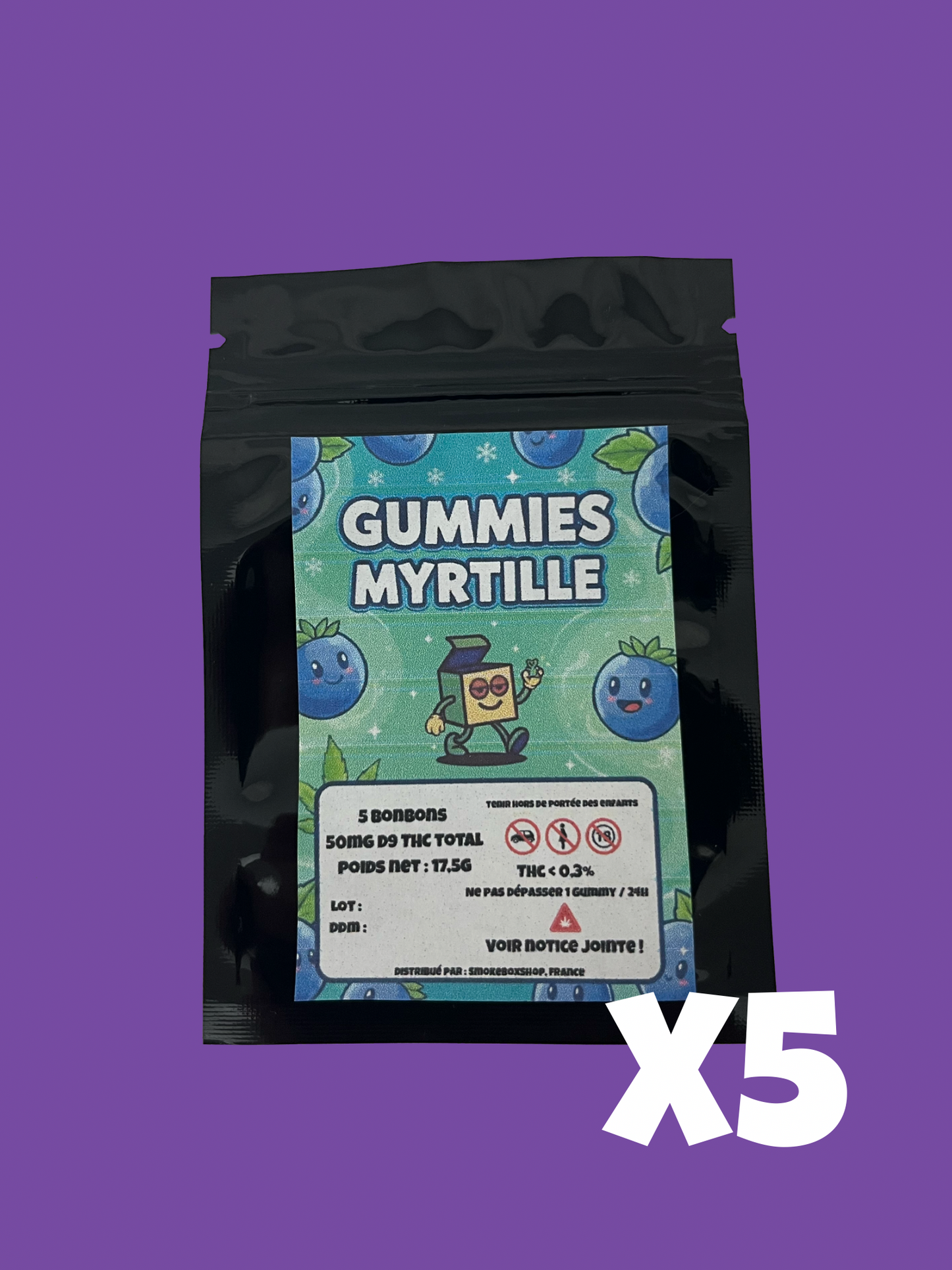 Cinq Sachets Arrière - Informations Légales Gummies D9 THC - Bundle X5