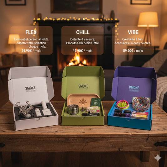 Comparaison des trois abonnements Smoke Box (Flex, Chill, Vibe) pour fumeurs, ambiance cosy et informative.