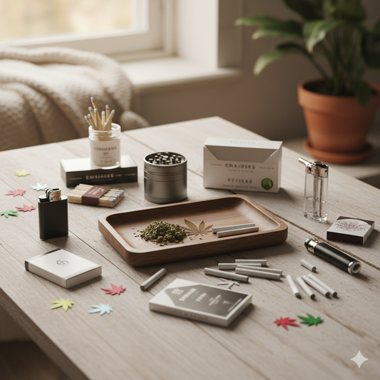 Accessoires fumeurs indispensables pour rouler comme un pro : grinder, feuilles, filtres et briquets.