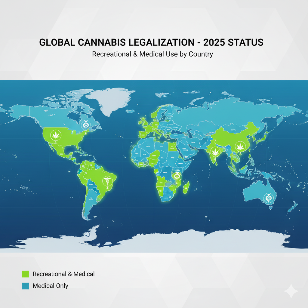 Carte des pays légalisant le cannabis en 2025 avec informations sur restrictions et tendances mondiales.