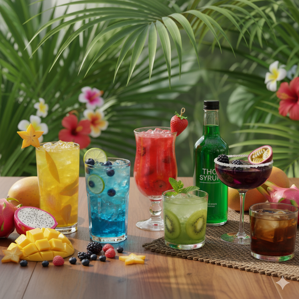 Cocktails et boissons avec sirops THC Smokeboxshop, saveurs Tropic Punch et Georgia Peach