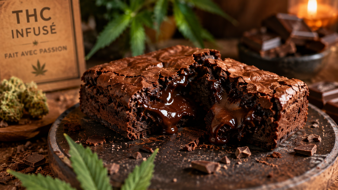 Brownie 25 mg THC artisanal au chocolat intense - cœur fondant coulant, fabriqué en Bretagne par SmokeBox