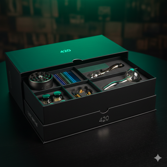 Calendrier de l'Avent Fumeur 420 Premium avec 24 accessoires essentiels (Grinder, Blunts, Pipe, Feuille, Plateau). Cadeau pour stoner adulte.