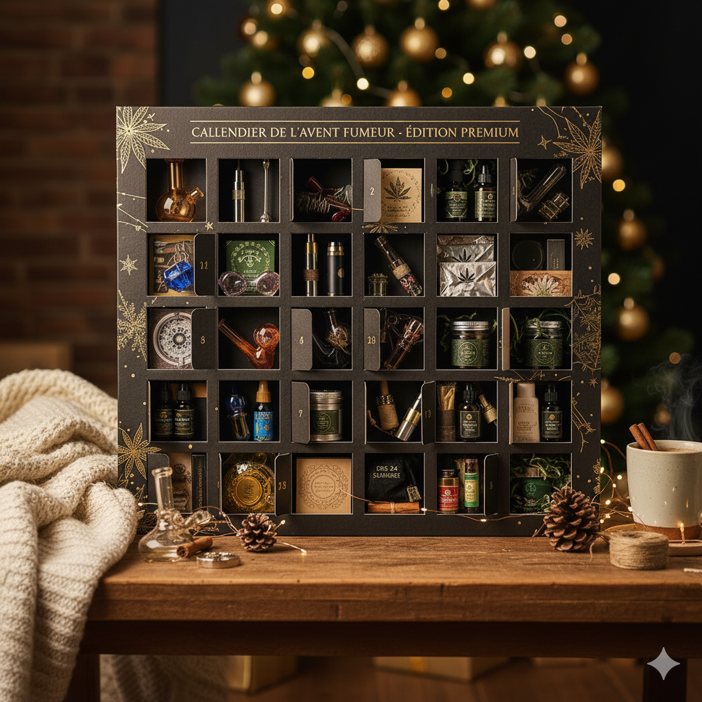 Calendrier de l’Avent Fumeur 2025 ouvert montrant 24 accessoires premium pour cannabis, ambiance cosy et festive.