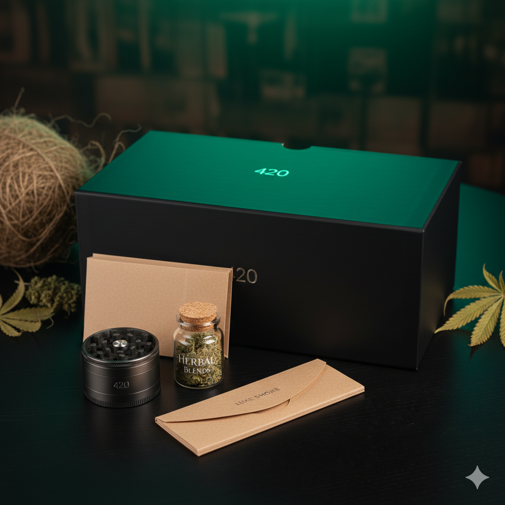 Calendrier de l'Avent Fumeur Premium avec 24 accessoires (Grinder, Pipe, Feuilles). Idéal pour la consommation de fleurs de CBD et de plantes aromatiques.