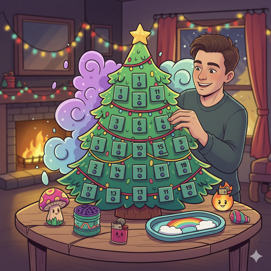 Jeune adulte ouvrant le Calendrier de l’Avent Fumeur 2025 dans une ambiance de Noël cosy, avec guirlandes lumineuses et accessoires fumeurs colorés.