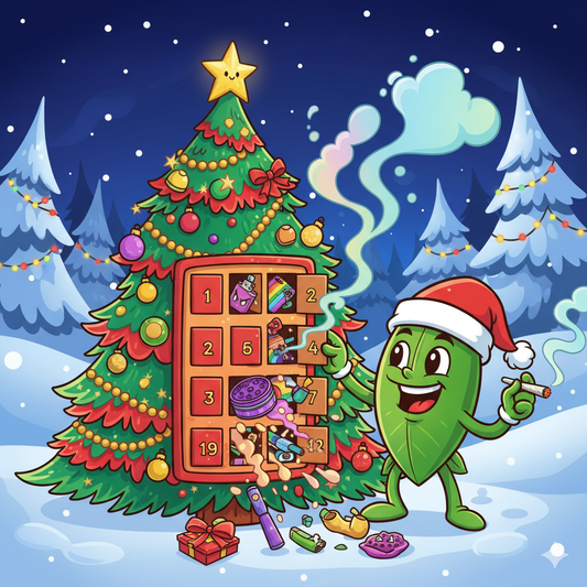 Mascotte Smokeboxshop cartoon ouvrant un grand calendrier de l’Avent fumeur coloré, avec accessoires chill et décor de Noël festif.