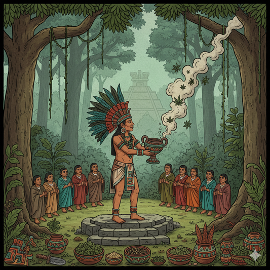 Cannabis dans les rituels précolombiens, usage médicinal et spirituel, illustration historique et naturelle.