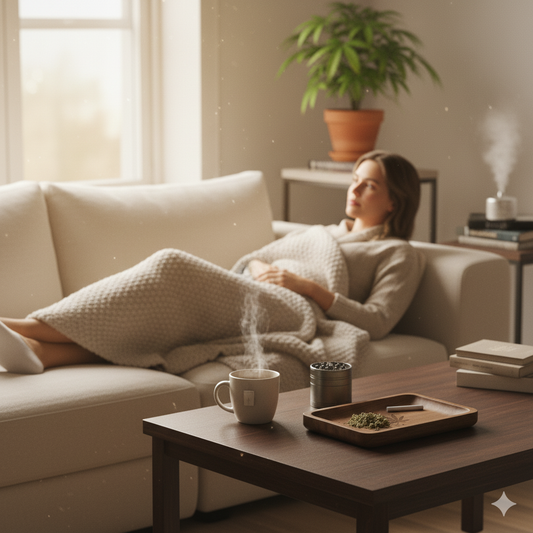 Personne détendue dans un intérieur cosy avec accessoires fumeurs (grinder, plateau) et plante de cannabis floue en arrière-plan — ambiance bien-être et relaxation.