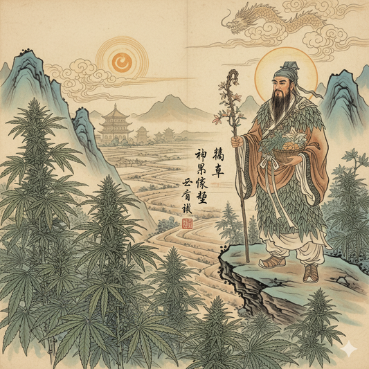 Cannabis dans la Chine antique, usage médicinal et spirituel, illustration historique traditionnelle.