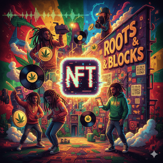 Illustration pop culture cannabis : musique reggae, art urbain et NFT, ambiance créative et colorée.