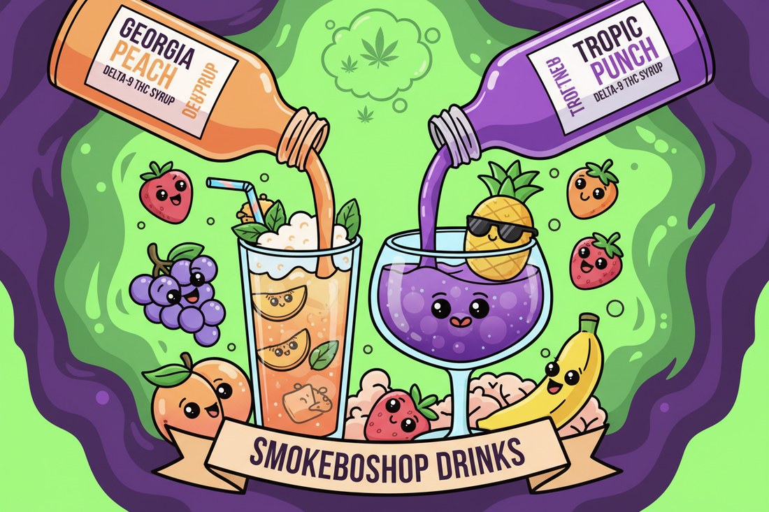 Illustration cartoon de mocktails et cocktails avec sirops Delta-9 THC, ambiance chill et fun, consommation clean.