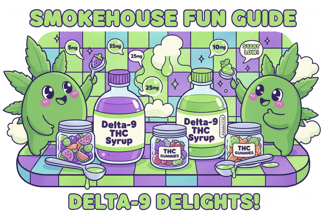 Illustration cartoon montrant comment doser correctement les edibles Delta-9 THC : gummies et sirops, consommation safe et chill.