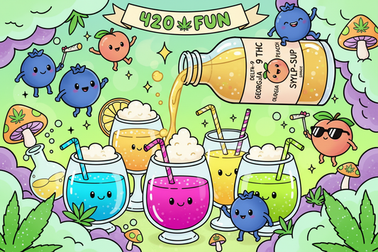 Illustration cartoon du sirop Georgia Peach Delta-9 THC versé dans des cocktails et mocktails chill, style fun et coloré.
