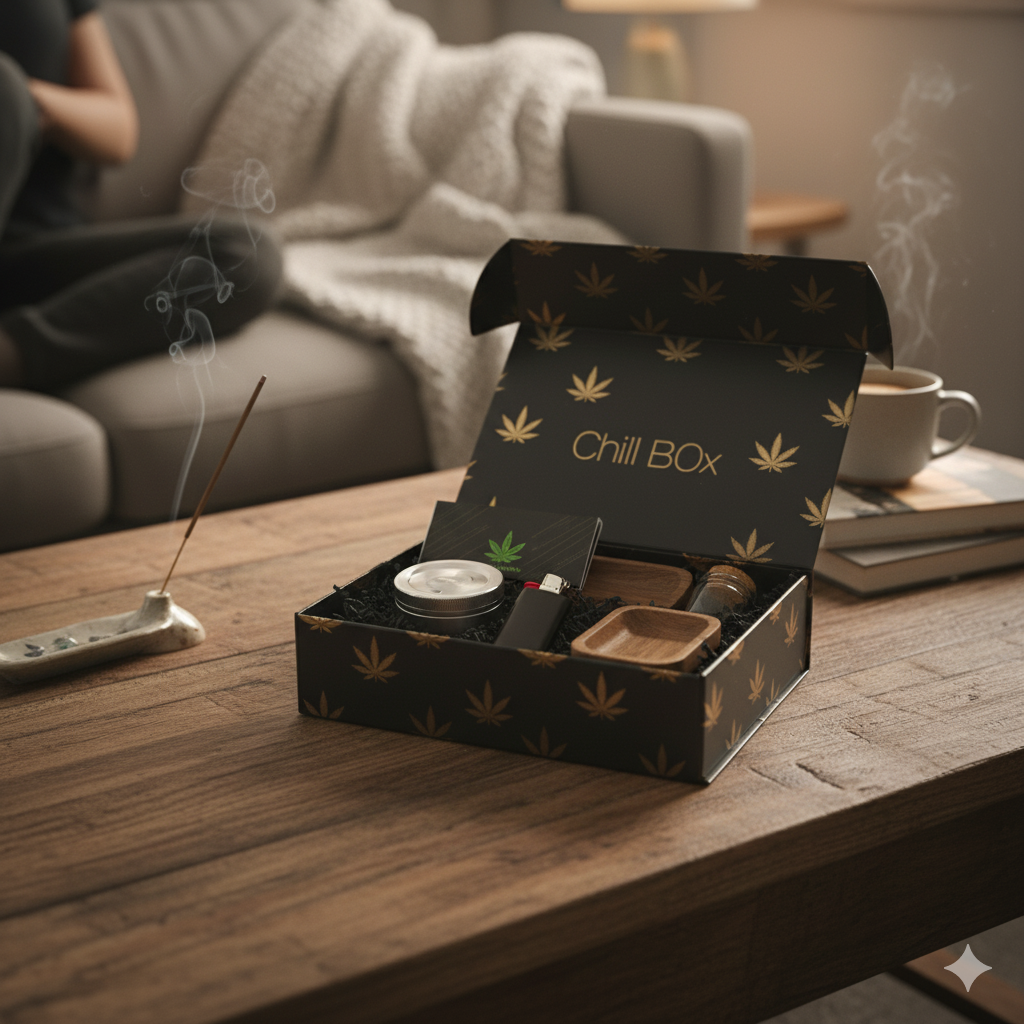 Chill Box ouverte avec accessoires fumeurs sur table basse, ambiance cosy et détendue, parfaite pour les sessions relax.