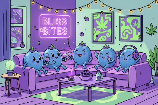 Illustration cartoon de gummies Myrtille Delta-9 THC chill, consommation propre et fun dans un univers 420 moderne.