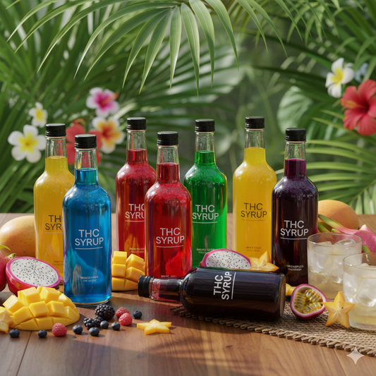 Sirops THC Smokeboxshop Tropic Punch et Georgia Peach, saveurs exotiques et chill