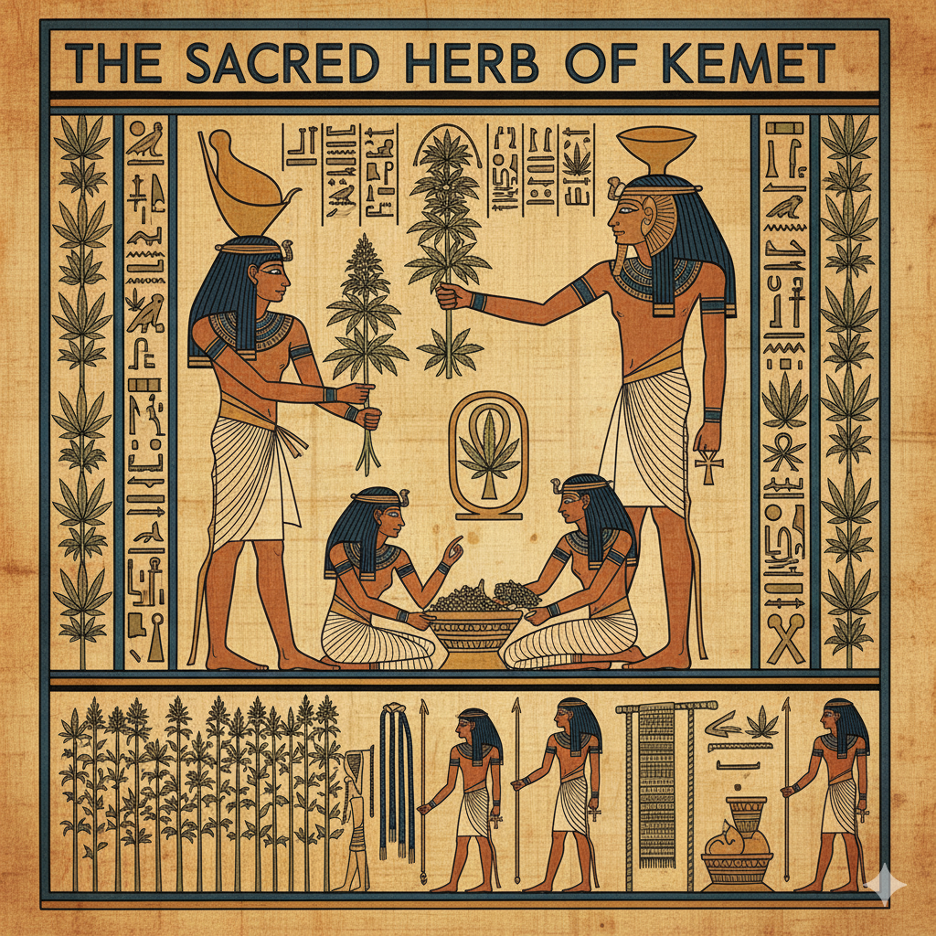 Histoire du cannabis en Égypte ancienne — illustration montrant usage médicinal et rituel du chanvre.