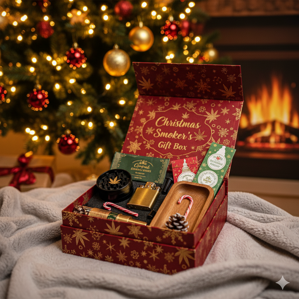 Coffret cadeau fumeur de Noël sous un sapin, ambiance festive et cosy — idée cadeau originale pour fumeurs.