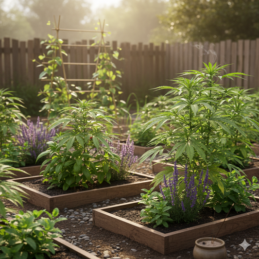 Cannabis entouré de plantes compagnes comme basilic, lavande et menthe — culture alternative et écologique.