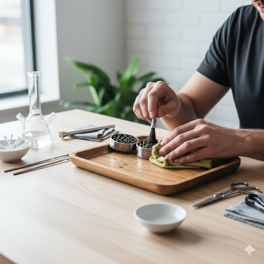 Nettoyage de grinder et accessoires fumeurs sur table, démonstration d’entretien et propreté.