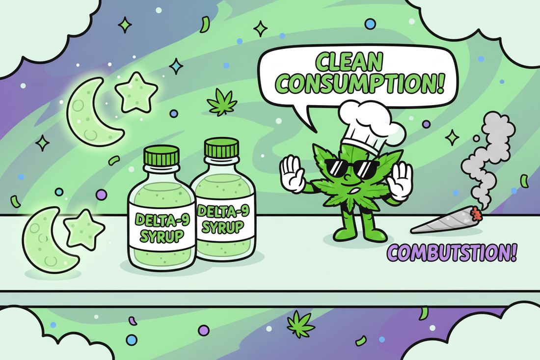 Illustration cartoon comparant les edibles Delta-9 THC (gummies et sirops) à la combustion, consommation propre et fun.