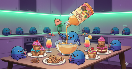 Illustration cartoon de recettes gourmandes avec Delta-9 THC : gummies, sirops, desserts et cocktails, fun et chill.