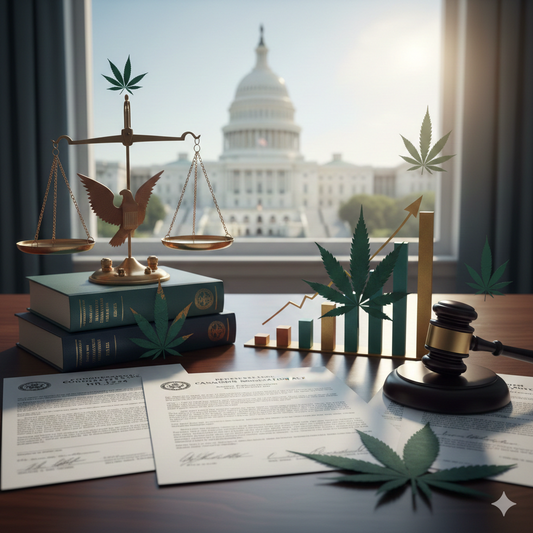 Documents officiels américains et symboles du cannabis illustrant la reclassification fédérale du cannabis aux États-Unis.