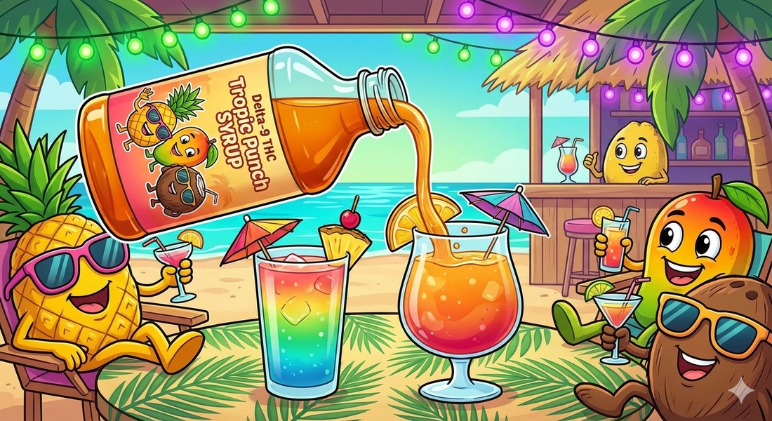 Illustration cartoon du sirop Tropic Punch Delta-9 THC avec fruits exotiques et cocktails, consommation chill et clean.