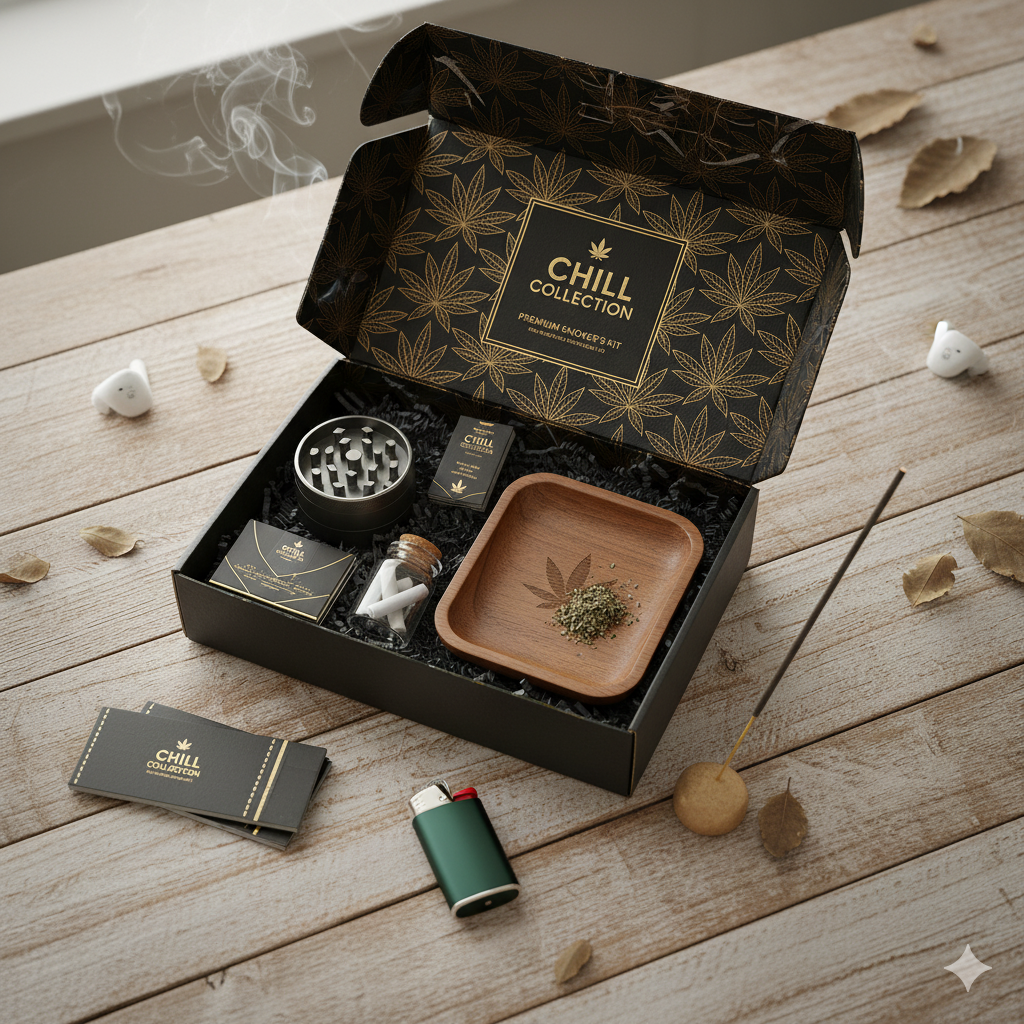 Smoke Box Flex ouverte avec accessoires fumeurs premium (grinder, feuilles, plateau) — box mensuelle complète et stylée.