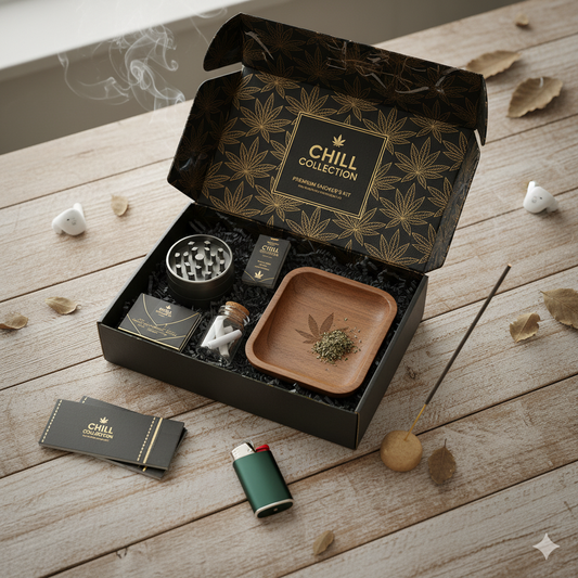 Smoke Box Flex ouverte avec accessoires fumeurs premium (grinder, feuilles, plateau) — box mensuelle complète et stylée.