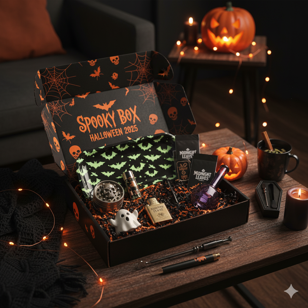 Spooky Box Halloween 2025 SmokeBoxShop — box noire/orange ouverte avec 10 accessoires fumeurs premium, ambiance cosy et spooky.