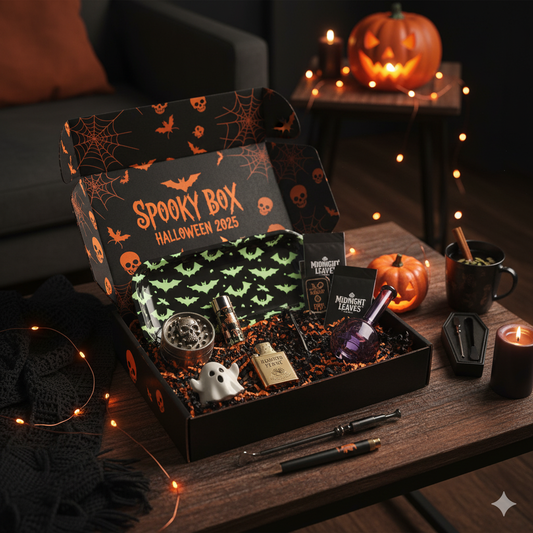 Spooky Box Halloween 2025 SmokeBoxShop — box noire/orange ouverte avec 10 accessoires fumeurs premium, ambiance cosy et spooky.