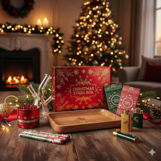 Top 10 idées cadeaux fumeur Noël 2025 — accessoires et box mystère présentés dans une ambiance festive cosy.