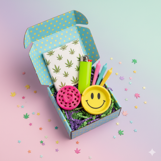 Vibe Box ouverte avec accessoires colorés — une box fumeur fun, abordable et stylée.