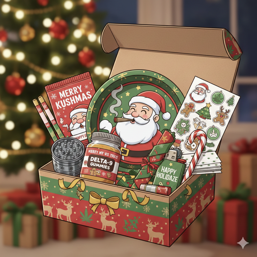 Xmas Box ouverte contenant 10 accessoires pour fumeurs, ambiance Noël fun et festive