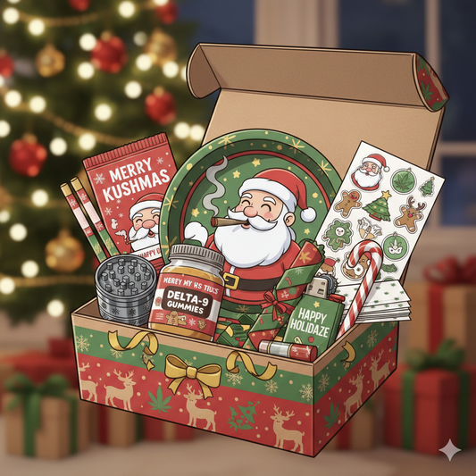 Xmas Box ouverte contenant 10 accessoires pour fumeurs, ambiance Noël fun et festive