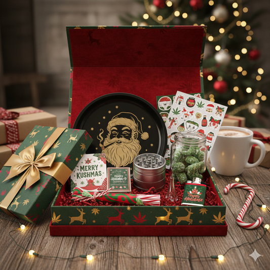 Coffret éducatif Xmas Box avec accessoires fumeur et emballages cadeaux festifs.