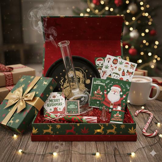 Coffret Xmas Box avec accessoires fumeur et packaging de Noël premium.