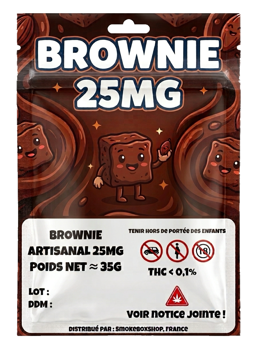 Brownie artisanal au chocolat 25 mg, emballage produit SmokeBoxShop