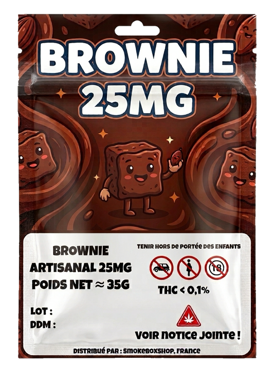 Brownie artisanal au chocolat 25 mg, emballage produit SmokeBoxShop