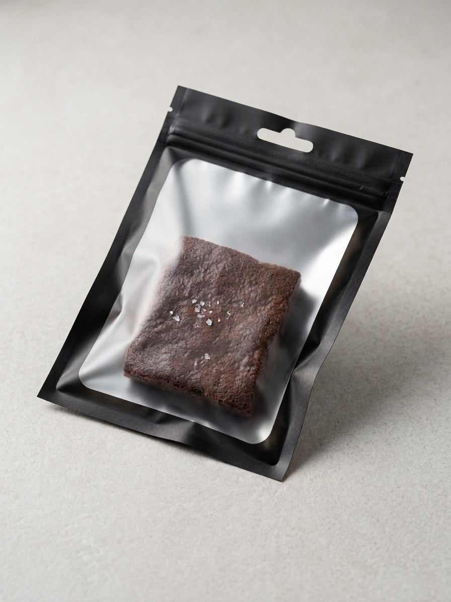 Emballage individuel hermétique noir présentant un brownie au chocolat artisanal breton infusé au cannabis avec de la fleur de sel smokeboxshop