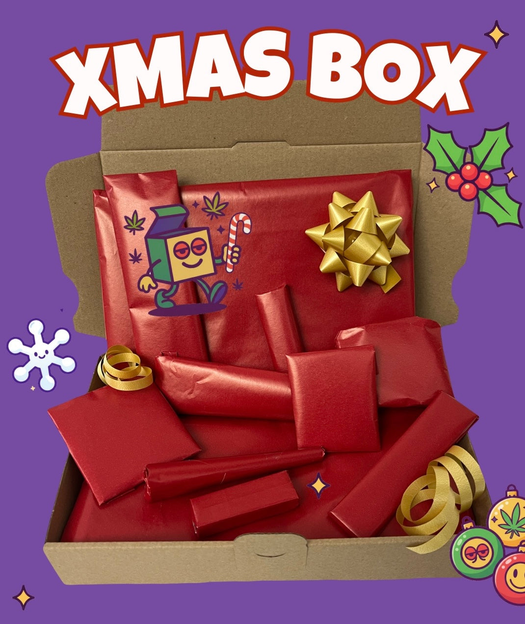 XMAS BOX - Coffret fumeur ultime de Noël premium avec plateau à rouler, grinder, feuilles Raw Black Slim, gummies Delta-9 THC, blunt et accessoires de Noël pour un cadeau de fin d'année original et festif.