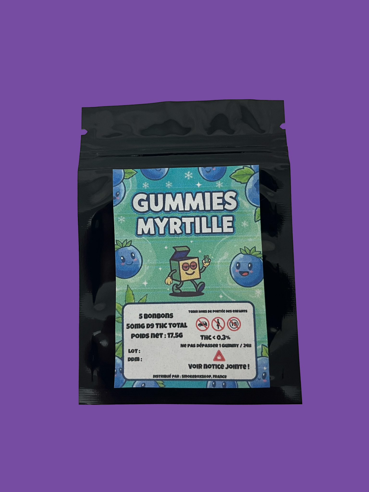 Étiquette Arrière - Déclaration Nutritionnelle Gummies D9 THC 10mg Myrtille (Légal)