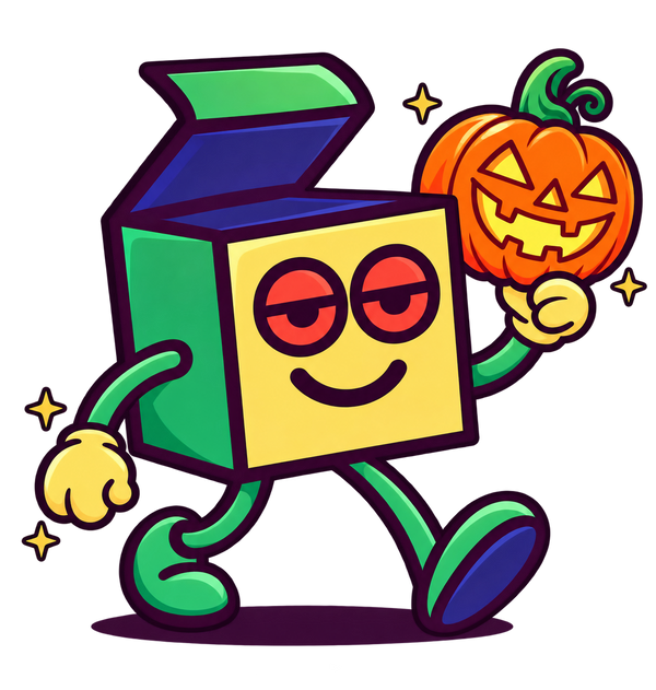 Logo Halloween SmokeBoxShop représentant sa mascotte, une boîte verte souriante au style cartoon, tenant une citrouille d'Halloween lumineuse. Illustration festive aux couleurs vertes, orange et violettes, sur fond transparent.
