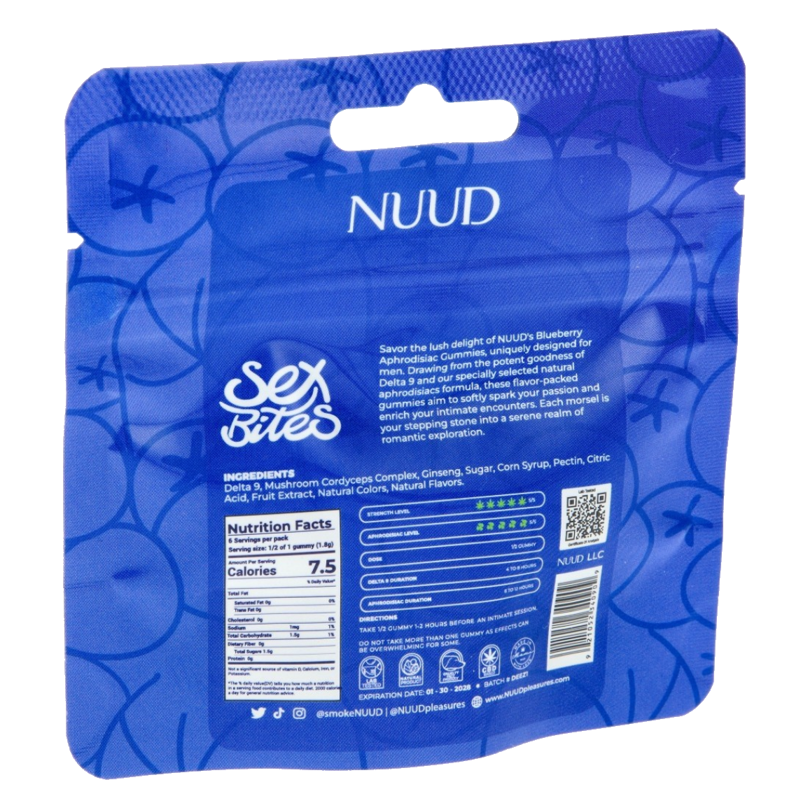 Détails et ingrédients des gummies Sex Bites NUUD : complexe Cordyceps, Ginseng et Delta 9. Inclus dans la Love Box Saint-Valentin de SmokeboxShop. Le dos du sachet affiche les conseils d'utilisation, le tableau nutritionnel et les niveaux de puissance pour une expérience chill et aphrodisiaque.