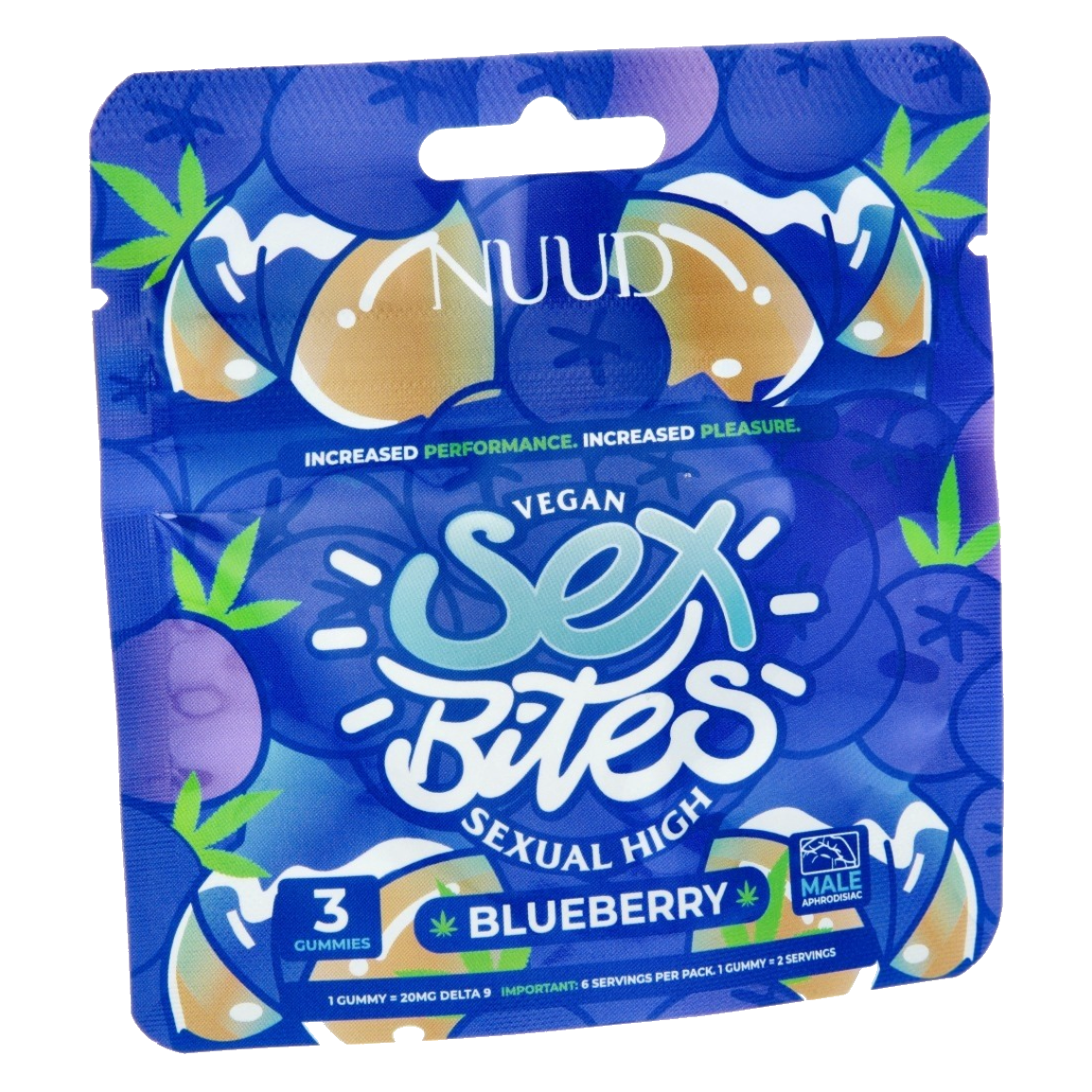 Pack de gummies aphrodisiaques Sex Bites par NUUD, saveur Blueberry. Produit phare de la Love Box Fumeur de SmokeboxShop, contenant 3 gummies (6 portions) enrichis en Delta 9 pour un "Sexual High". Design bleu avec illustrations de myrtilles et feuilles de cannabis. smokeboxshop.fr