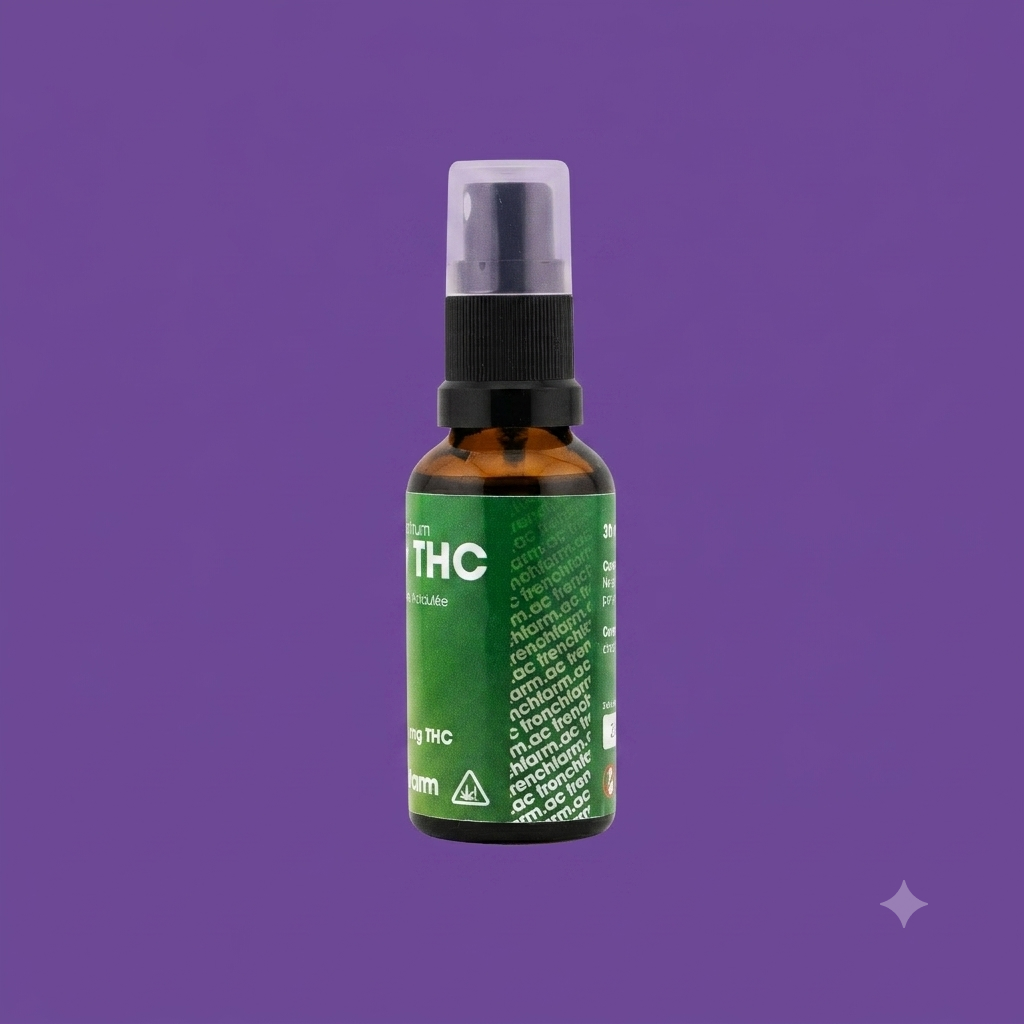 Vue de profil du flacon de Spray THC 60mg de Frenchfarm mettant en avant le design vert de l'étiquette. Smokeboxshop