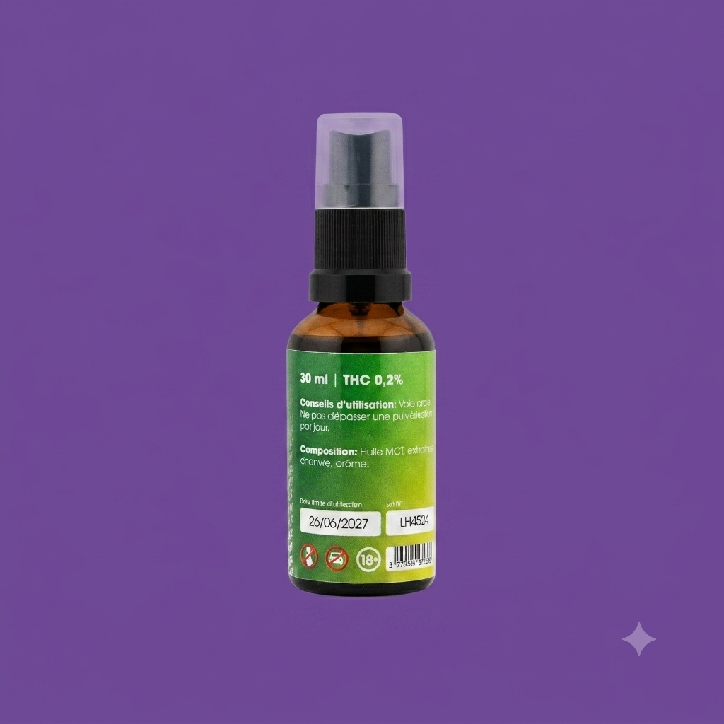Dosages, conseils d'utilisation, composition à base d'huile MCT et avertissements au dos du flacon de Spray THC Frenchfarm Smokeboxshop