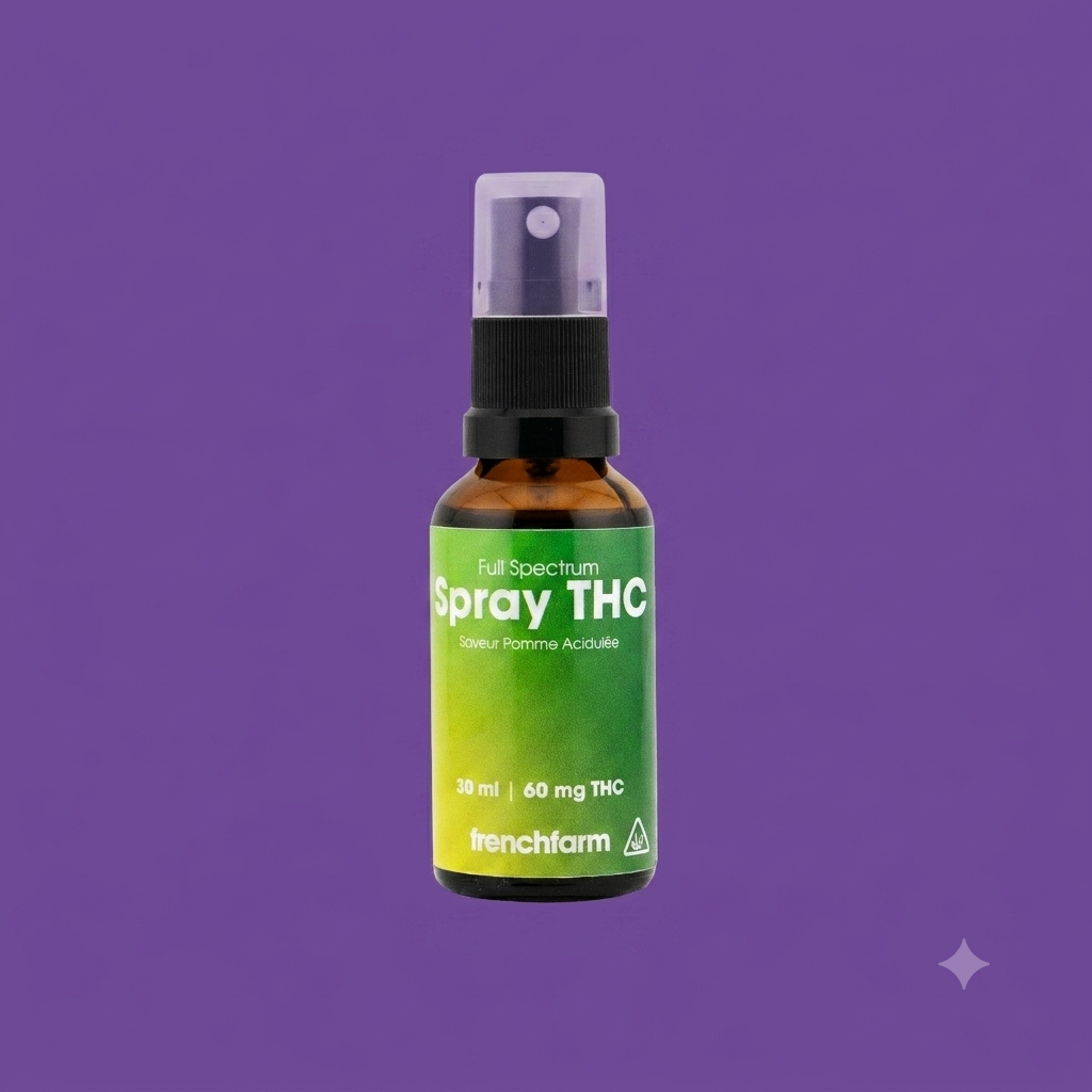 Flacon de Spray THC Full Spectrum 30ml saveur pomme acidulée de la marque Frenchfarm, vue de face sur fond violet. Smokeboxshop